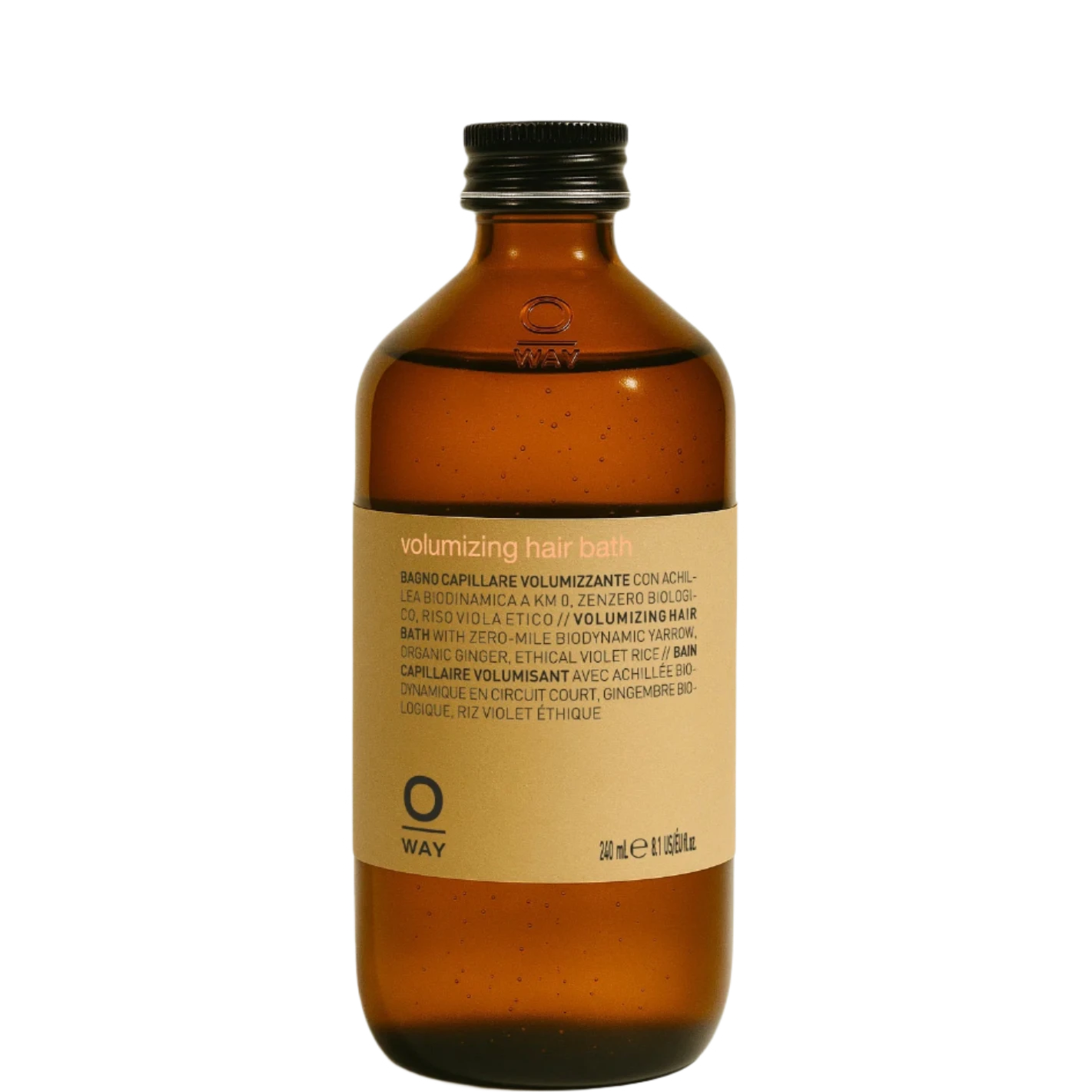 Oway Volumizing Hair Bath, a gentle volumizing shampoo for fine or limp hair, comes in an 8.5 fl oz (240 ml) brown glass bottle and features organic ginger and biodynamic yarrow. Set against a white background.