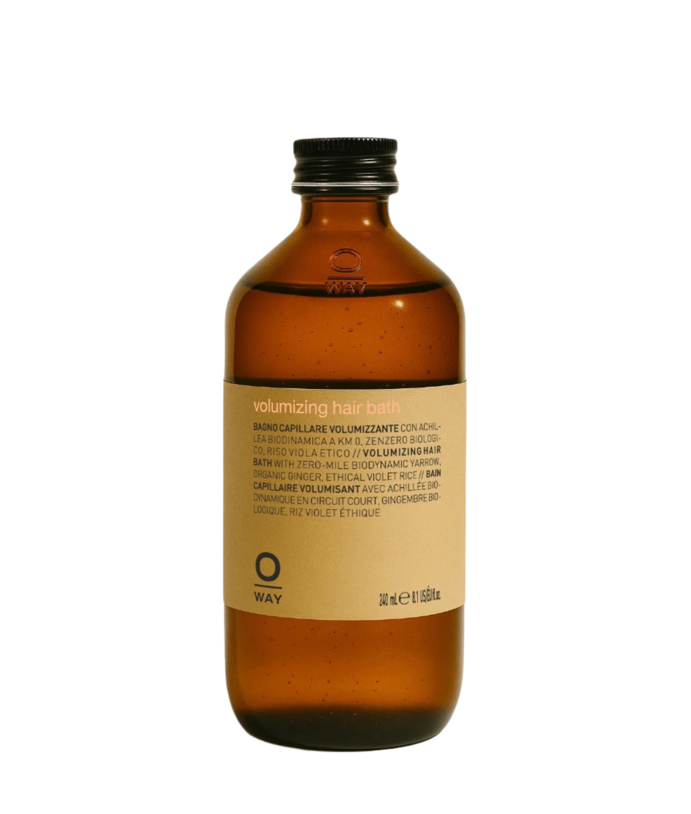 Oway Volumizing Hair Bath, a gentle volumizing shampoo for fine or limp hair, comes in an 8.5 fl oz (240 ml) brown glass bottle and features organic ginger and biodynamic yarrow. Set against a white background.