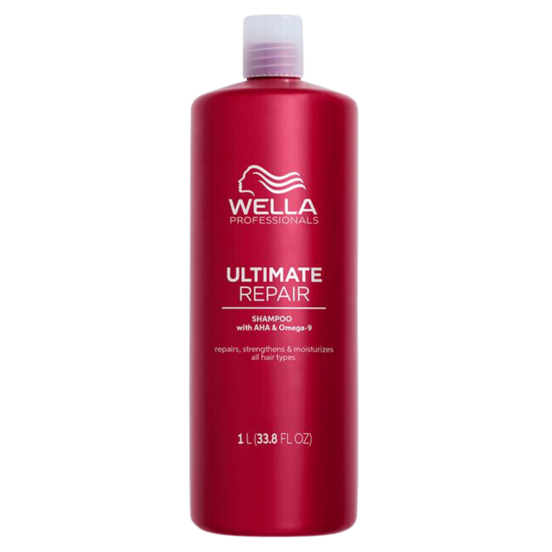 Wella Professionals ULTIMATE REPAIR Shampoo with Metal Purifier technology for damaged hair repair.