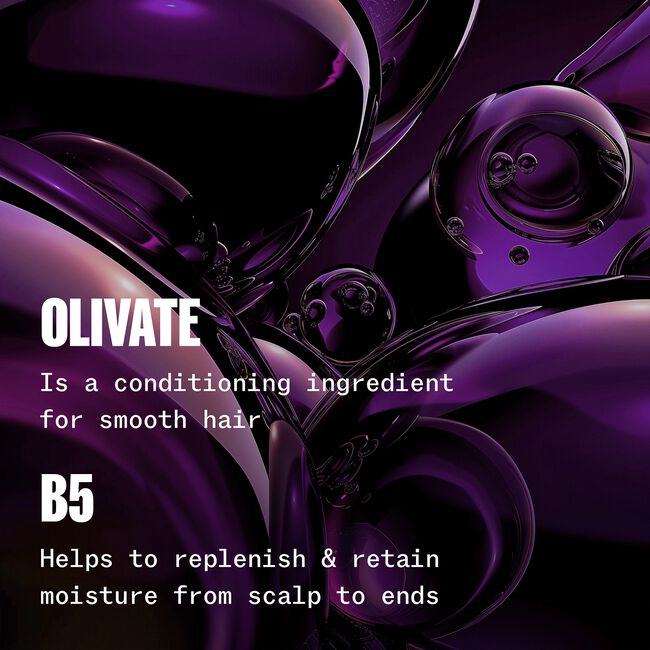 Purple liquid with OLIVATE branding and text about a conditioning ingredient for smooth hair.