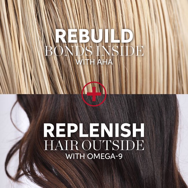 Hair care product advertisement with text about rebuilding bonds inside and replenishing hair outside.