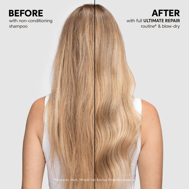 Before and after comparison of hair with non-conditioning shampoo and a full repair routine.