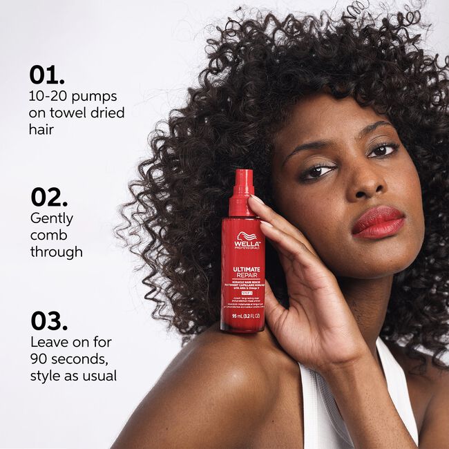 Woman holding a red bottle of Wella hair product with styling instructions on a white background