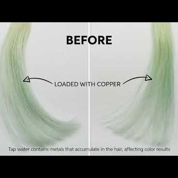 Comparison of hair color before and after copper loading with text explaining the effect of tap water on hair color.
