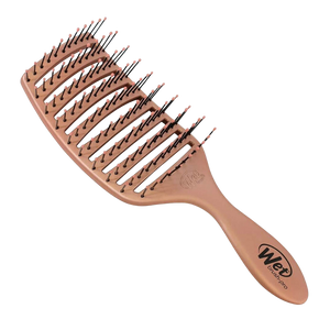 The Wet Brush Pro Epic Quick Dry Brush in Rose Gold features wide-spaced IntelliFlex bristles, a curved design, and the Wet Brush Pro logo on the handle.
