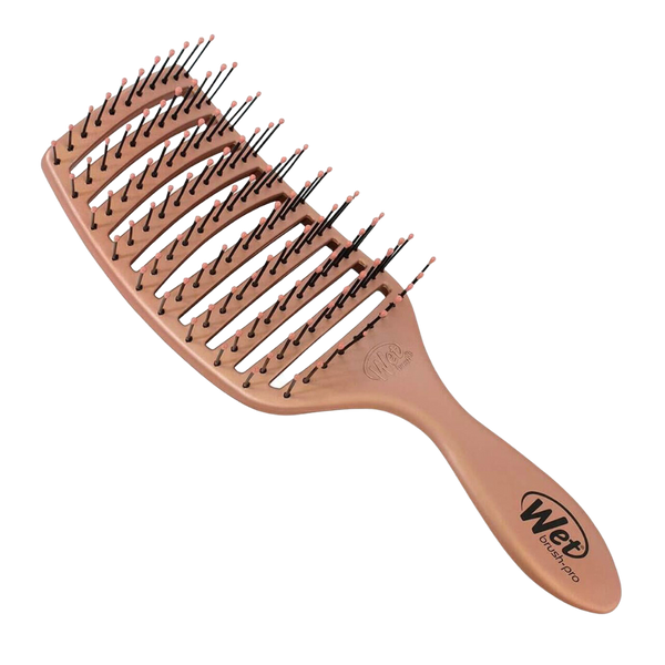 The Wet Brush Pro Epic Quick Dry Brush in Rose Gold features wide-spaced IntelliFlex bristles, a curved design, and the Wet Brush Pro logo on the handle.