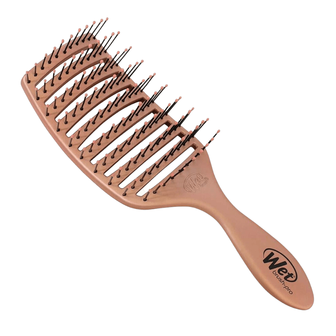 The Wet Brush Pro Epic Quick Dry Brush in Rose Gold features wide-spaced IntelliFlex bristles, a curved design, and the Wet Brush Pro logo on the handle.