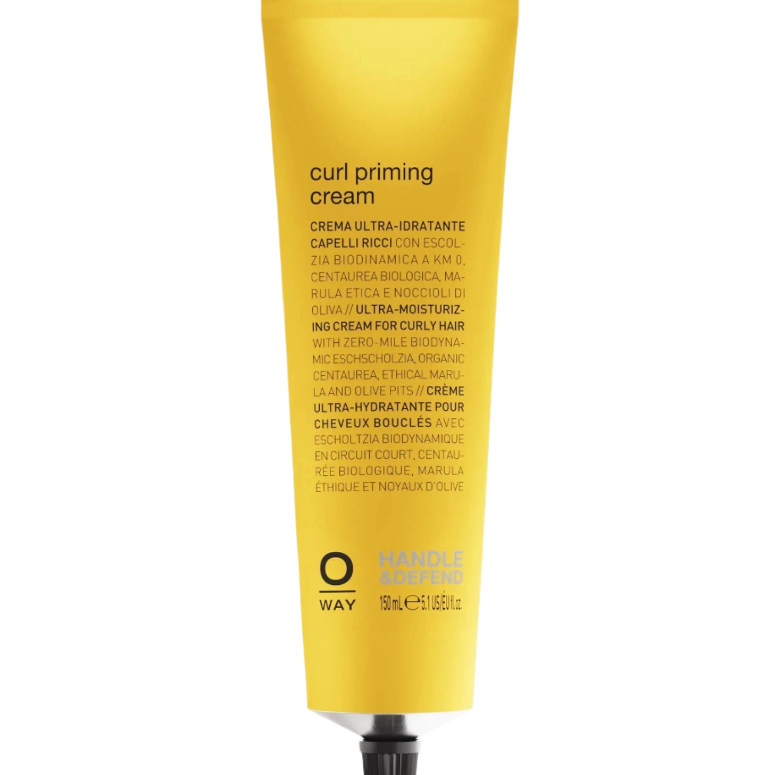 A yellow tube of Oway Curl Priming Cream, a moisture-rich curl primer with marula oil for frizz-free styling and curl definition, stands upright against a white background with black dotted patterns and multilingual text.