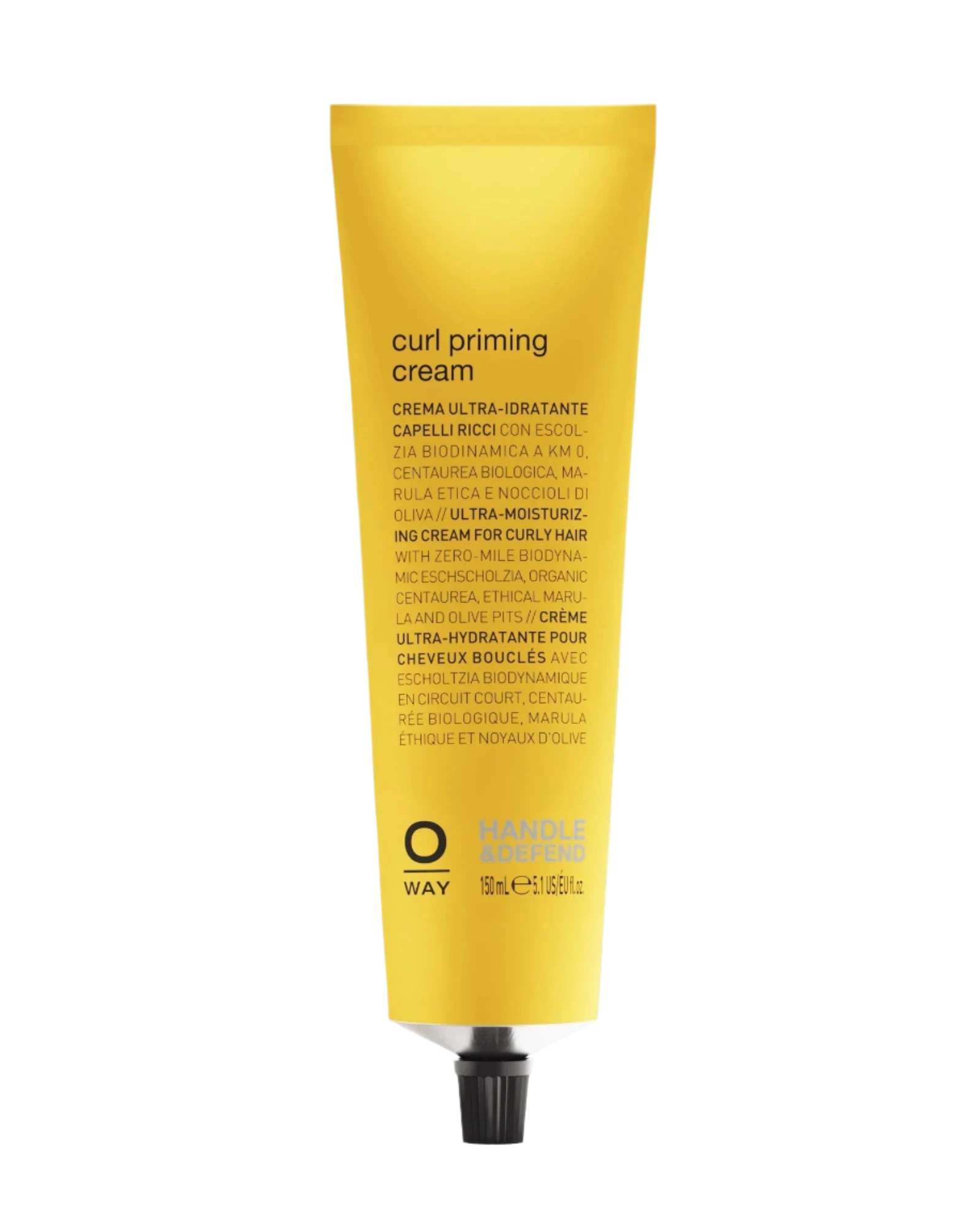 A yellow tube of Oway Curl Priming Cream, a moisture-rich curl primer with marula oil for frizz-free styling and curl definition, stands upright against a white background with black dotted patterns and multilingual text.