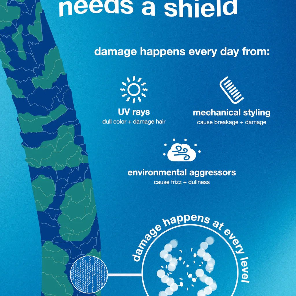 Infographic titled "why hair needs a shield" detailing daily hair damage causes: UV rays (dull color, damage), mechanical styling (breakage, damage), and environmental aggressors (frizz, dullness). Emphasizing the role of K18 Damage Shield pH Protective Conditioner by K18 Hair Repair in maintaining vibrant hair health and providing damage protection.