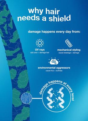 Infographic highlighting why hair needs protection from UV rays, styling, and environmental stressors—all of which can damage hair. See how K18 Hair Repair’s Damage Shield pH Protective Conditioner with K18PEPTIDE™ helps defend and restore strands.