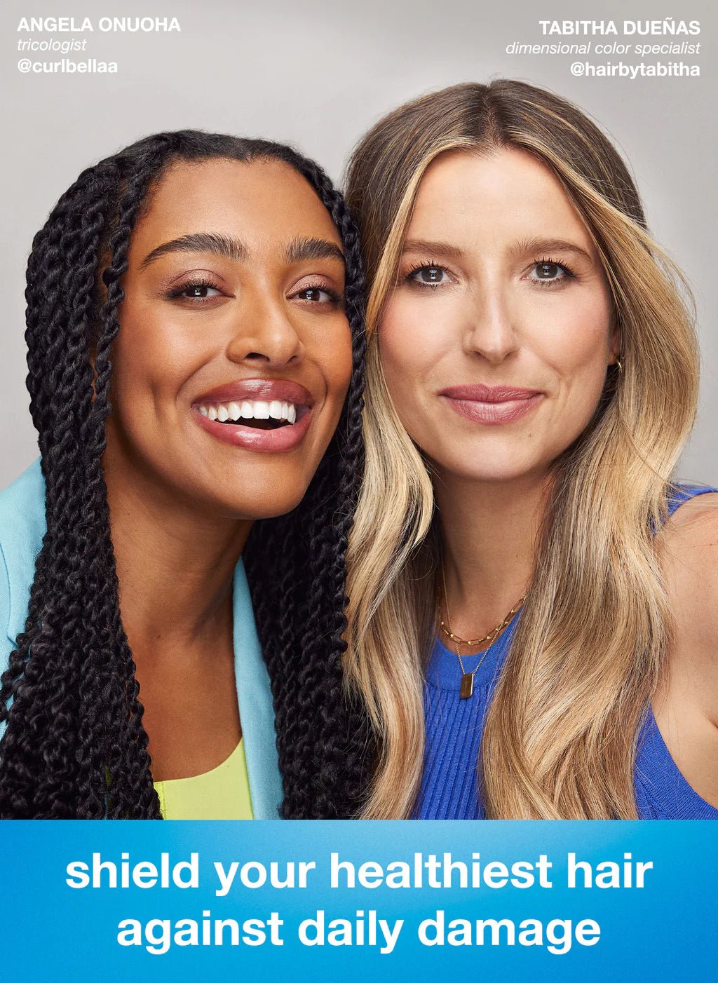 Two women smiling, one with long braided hair and the other with wavy blonde hair, with text promoting K18 Hair Repair's K18 Damage Shield pH Protective Conditioner - Multiple Sizes for hair health and protection.