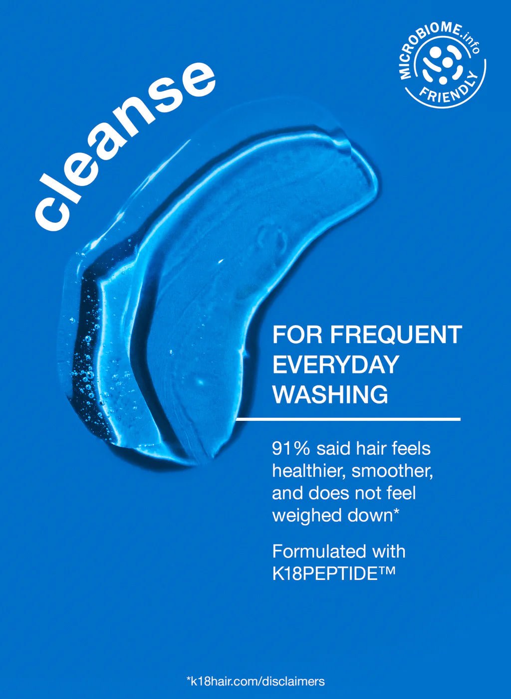 A blue advertisement for K18 Hair Repair's K18 DAMAGE SHIELD pH Protective Shampoo - Multiple Sizes highlights its suitability for daily use. It claims 91% feel their hair is healthier and smoother. The product is formulated with K18PEPTIDE™.