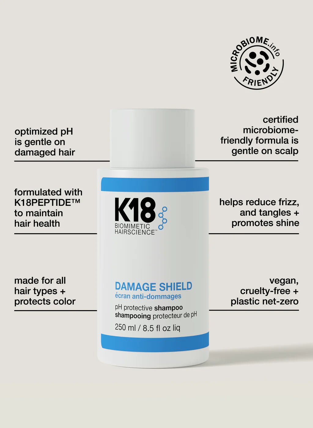 A bottle of K18 DAMAGE SHIELD pH Protective Shampoo - Multiple Sizes by K18 Hair Repair is shown. The label highlights features such as optimized pH, K18PEPTIDE™, microbiome-friendly formula, daily use, frizz reduction, shine enhancement, and vegan, cruelty-free status.
