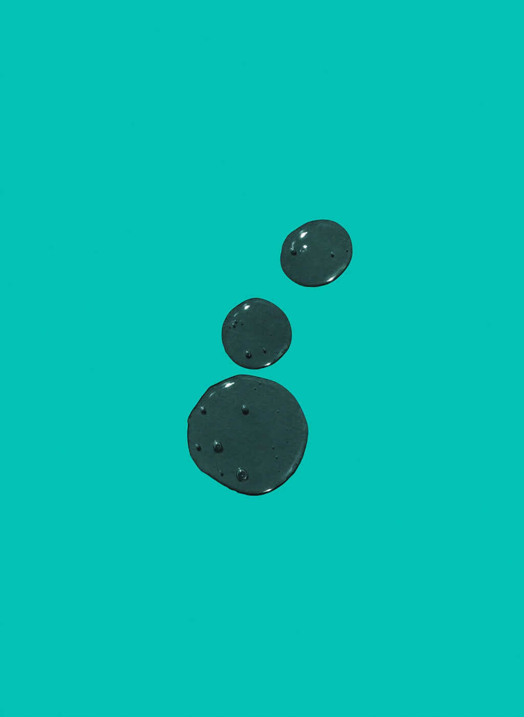 Three small, dark blobs of liquid against a solid teal background evoke the deep cleanse of K18PEPTIDE™ technology in a color-safe clarifying shampoo: K18 PEPTIDE PREP Detox Shampoo - Multiple Sizes by K18 Hair Repair.