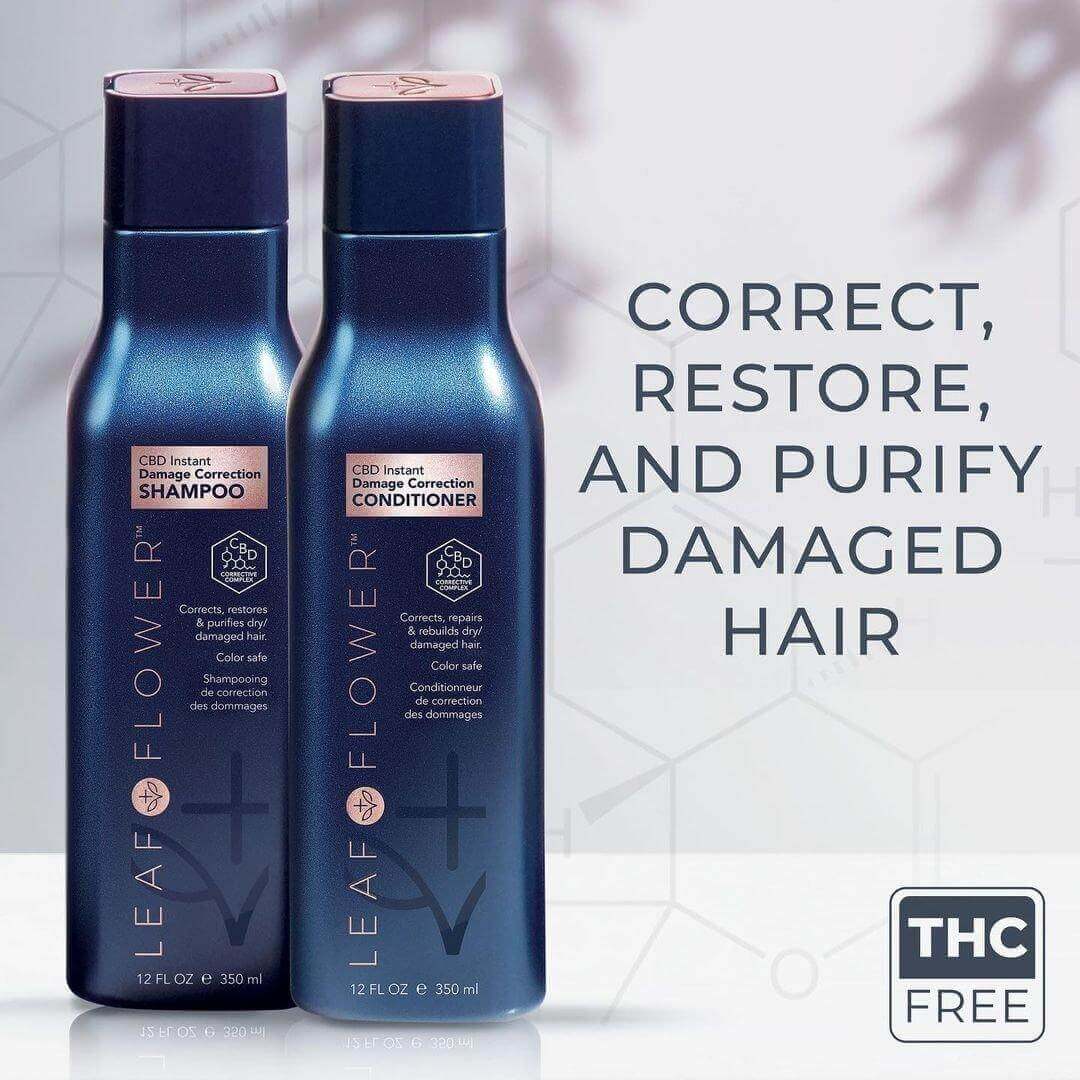 Two bottles of Leaf and Flower shampoo and LEAF and FLOWER Damage Correction Conditioner - MULTIPLE SIZES AVAILABLE are shown with text: "Correct, restore, and purify damaged hair." A THC-free label highlights its Color-Safe, plant-based formula.