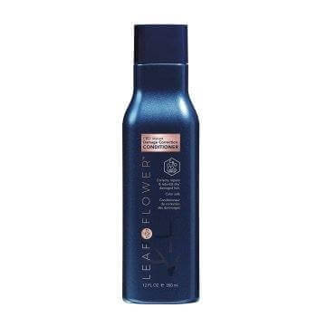 Leaf and Flower's Damage Correction Conditioner (blue bottle, 12 fl oz) features a plant-based formula, small CBD content label, and is color-safe, promising to revive and protect hair while maintaining its vibrant hue. .