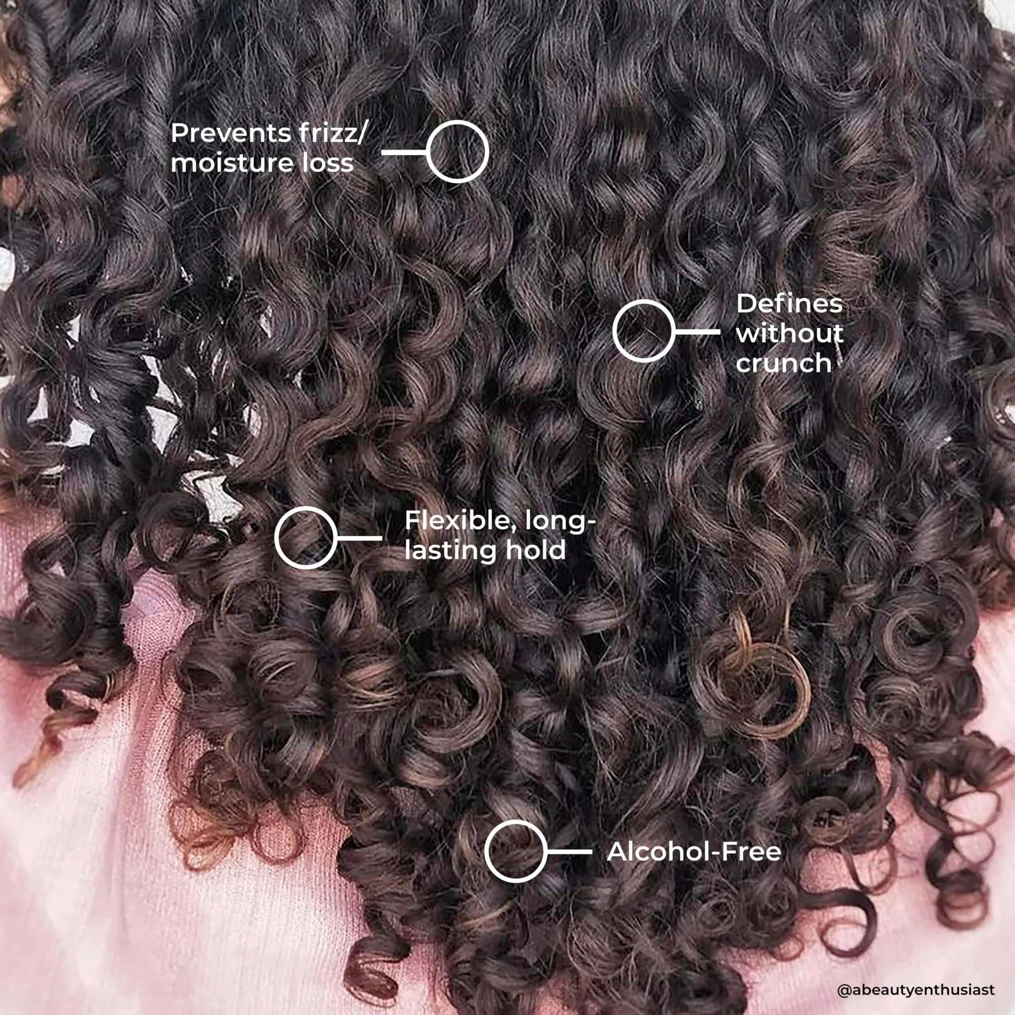 A woman's curly hair is labeled with Leaf and Flower Instant Curl Defing Cream and Leaf and Flower frizz reduction cream for added hydration.