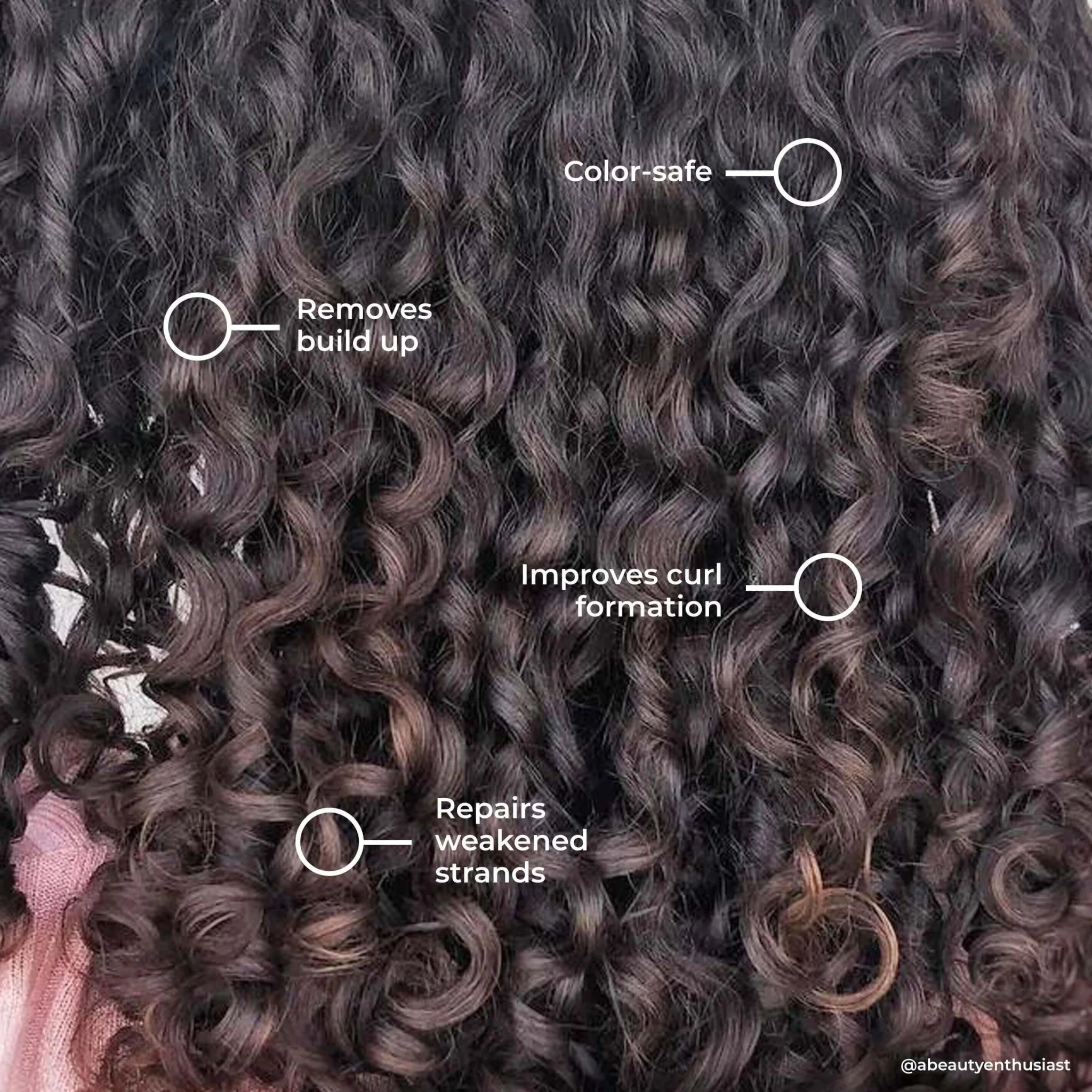Close-up of curly hair with text annotations: Leaf and Flower's vegan Instant Curl Refresh Shampoo, available in multiple sizes, is color-safe and removes buildup, improves curl formation, and repairs weakened strands.