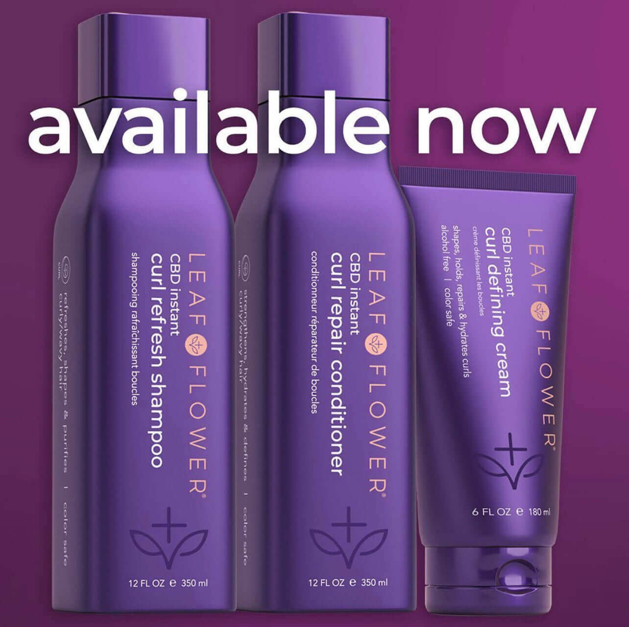 Three purple Leaf and Flower haircare products on a vibrant purple background, featuring the Instant Curl Refresh Shampoo. Text reads "Available Now." Ideal for vegan-friendly routines.