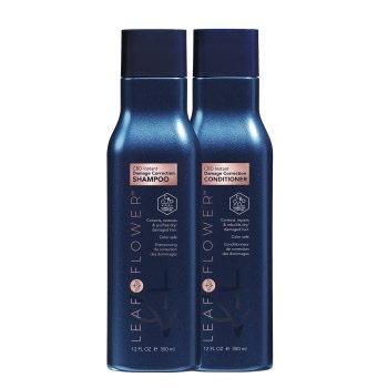Two bottles of Leaf and Flower Instant Damage Correction Shampoo & Conditioner Correction Duo, with a blue bottle.
