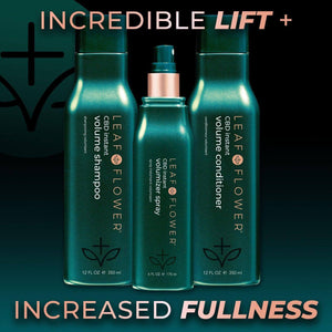 Three green bottles of Leaf and Flower hair products—including the Instant Volume Conditioner (multiple sizes available), volume shampoo, and volumizer spray—stand against a dark background with "Incredible Lift + Increased Fullness" above and below.