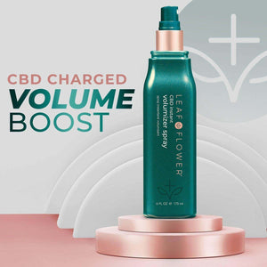 A green and copper LEAF and FLOWER Instant Volumizer Spray stands on pink podiums, highlighting plant-derived technology for thicker-looking hair. "CBD CHARGED VOLUME BOOST" is boldly displayed on the left. Brand: Leaf and Flower.
