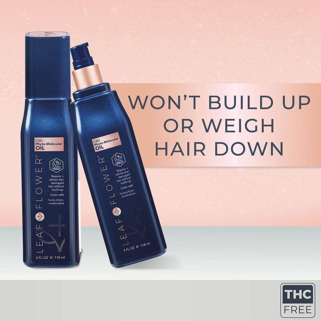 Two bottles of LEAF and FLOWER Phyto-Molecular Oil designed for dry/damaged hair won't weigh hair down.