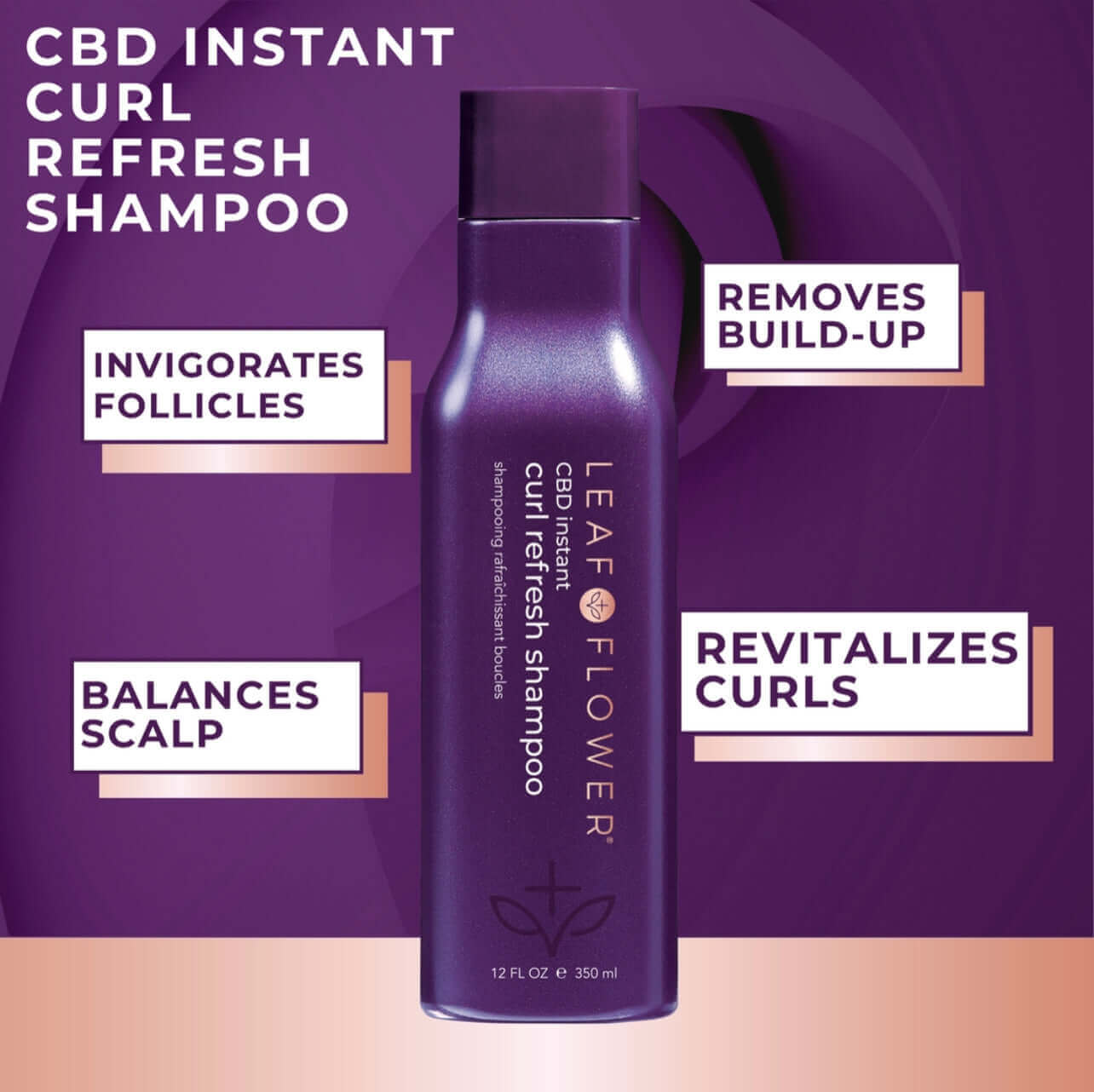 Promotional graphic for Leaf & Flower Instant Curl Repair Shampoo and Conditioner Duo highlighting benefits such as invigorating follicles, balancing scalp, and reviving curls with essential hydration.