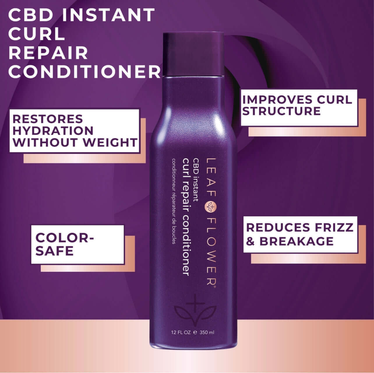 A graphic featuring a purple bottle of Leaf & Flower cbd-infused curl shampoo, highlighting benefits such as restoring hydration without weight, improving curl structure, being color-safe, and reducing frizz.