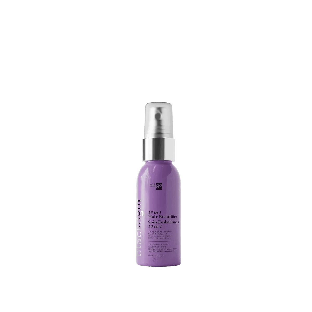 A bottle of Oligo Blacklight 18-in-1 Hair Beautifier purple hair spray from Oligo for optimal hydration and shine.
