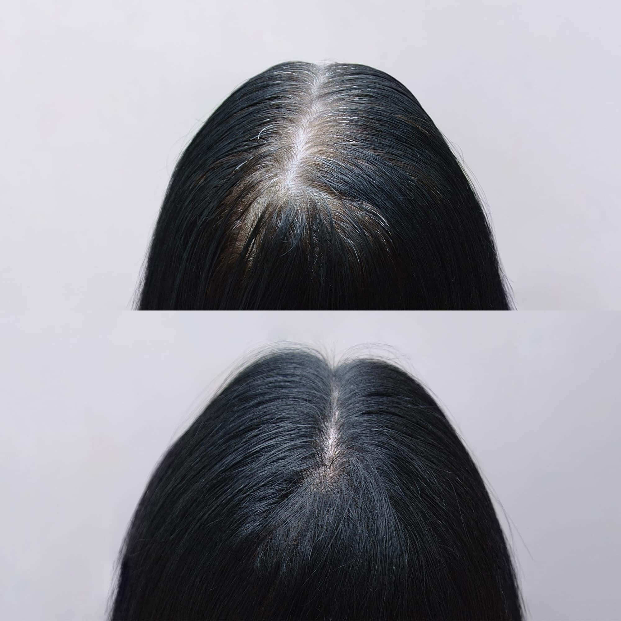 A woman's hair, including her grey roots, before and after REF STOCKHOLM SWEDEN Root Concealer by REF STOCKHOLM SWEDEN.