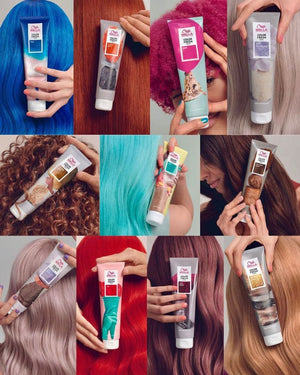 A grid of twelve images displays hands holding Wella Professional Color Fresh Masks - Multiple Colors next to hair in matching shades like blue, red, ultra-light blonde, pink, and brown. The ammonia-free masks are shown in vibrant and natural tones.