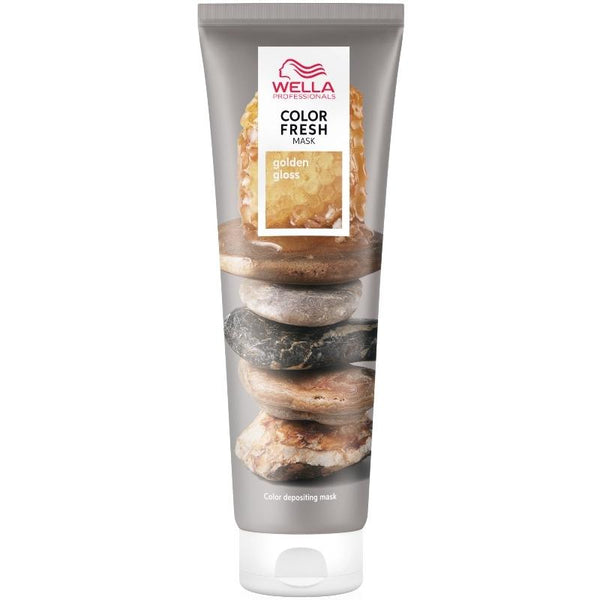 A tube of Wella Professional Color Fresh Masks - Multiple Colors by Wella, in Golden Gloss for ultra-light blonde hair, with an ammonia-free formula and a label showing stones and a honeycomb.