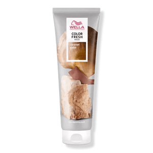 A tube of Wella Professional Color Fresh Mask in Caramel Glaze, by Wella, ideal for ultra-light blonde hair. The ammonia-free formula comes in packaging with caramel and cream images. Multiple color options available.