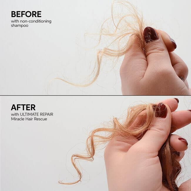 Before and after pictures showcasing the Wella Professionals ULTIMATE REPAIR Miracle Hair Rescue of a person's hair with Simply Colour Hair Salon Studio & Online Store.